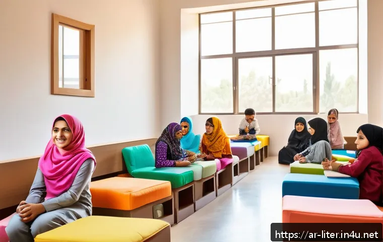 문해교육사 교육 커리큘럼 설계 - A vibrant classroom scene in a modern Arabic school setting, featuring diverse young learners seated...
