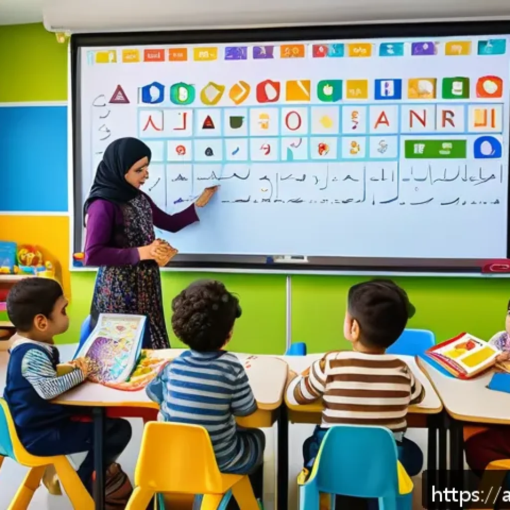 문해교육사 교육 대상별 지도법 - A vibrant classroom scene in a modern Arab early childhood education center, featuring young childre...