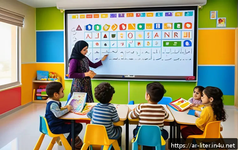 문해교육사 교육 대상별 지도법 - A vibrant classroom scene in a modern Arab early childhood education center, featuring young childre...