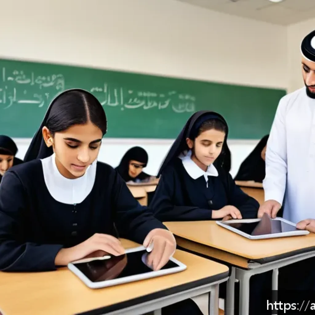 문해교육사와 학습 진도 기록법 - A modern Arab classroom scene showing a diverse group of students attentively using tablets and lapt...