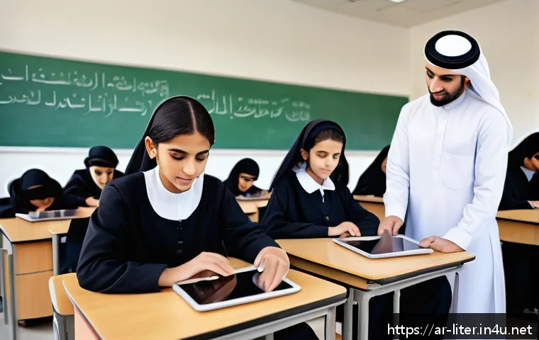 문해교육사와 학습 진도 기록법 - A modern Arab classroom scene showing a diverse group of students attentively using tablets and lapt...