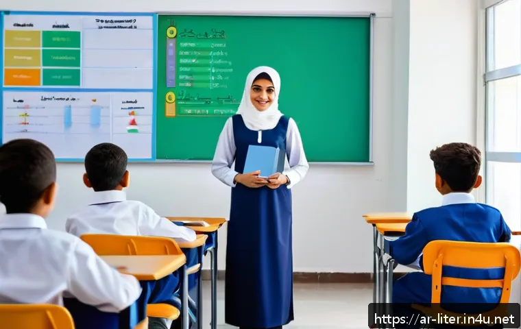 문해교육사와 학습자 진단 도구 - A modern classroom scene set in a Middle Eastern school, featuring a diverse group of Arabic-speakin...