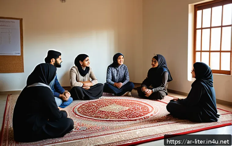 문해교육사로서의 학습 목표 달성법 - A warm, inviting classroom scene in a Middle Eastern setting, featuring diverse adult learners sitti...