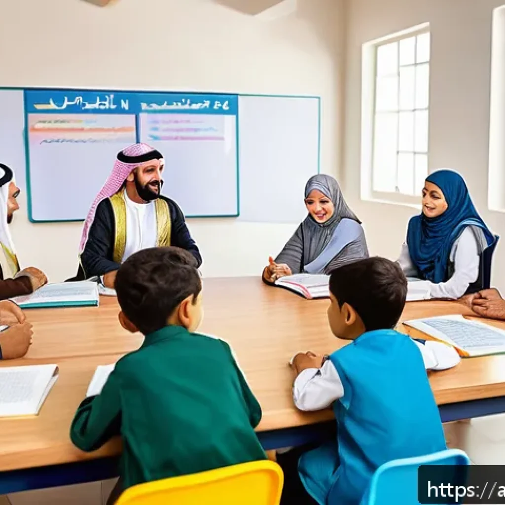 문해교육사와 학습 이론 적용 사례 - A vibrant classroom scene in a Middle Eastern setting featuring diverse adult learners actively part...