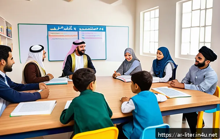 문해교육사와 학습 이론 적용 사례 - A vibrant classroom scene in a Middle Eastern setting featuring diverse adult learners actively part...