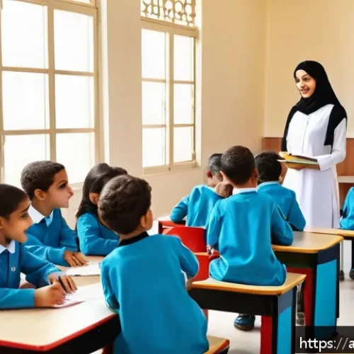 Home 30 문해교육사와 감성교육 사례 - A warm, inviting classroom scene in a modern Arabic school, featuring a diverse group of young child...