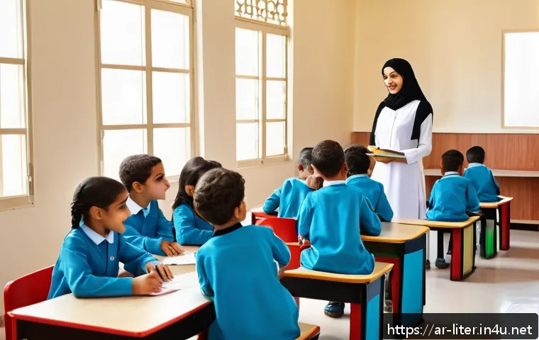 문해교육사와 감성교육 사례 - A warm, inviting classroom scene in a modern Arabic school, featuring a diverse group of young child...