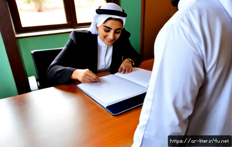문해교육사와 자기소개서 작성 사례 - Photorealistic adult literacy educator in modest professional attire warmly guiding an Arab woman at...
