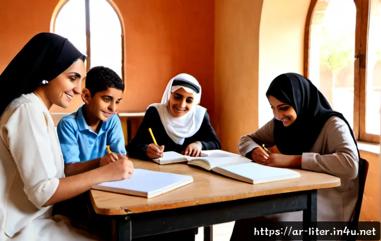 문해교육사로서의 동기 부여 유지법 - Photorealistic warm community classroom in an Arab neighborhood, a motivated adult literacy educator...