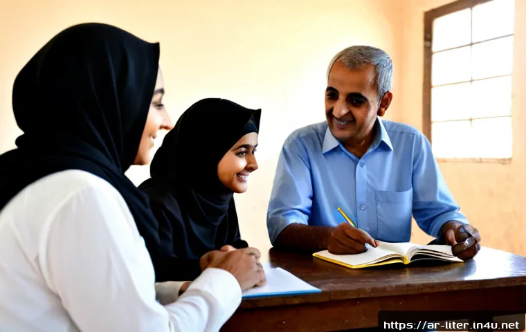 문해교육사와 커뮤니티 봉사 사례 - Photorealistic community literacy volunteer session in a bright Arabic neighborhood learning center,...