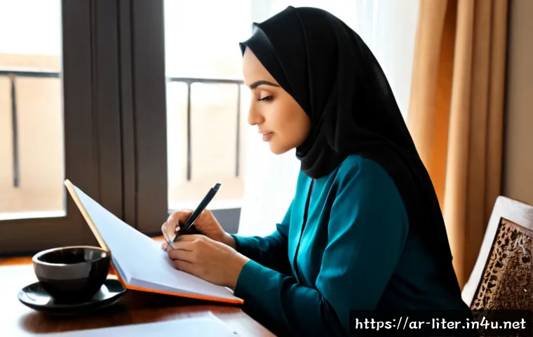문해교육사 자기계발 노하우 - Photorealistic Arab female adult literacy educator in modest professional attire, seated at a tidy s...