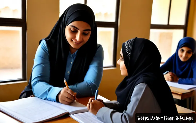 문해교육사 자격증 취득 후 일자리 - Photorealistic adult literacy educator leading a small class of Arab adult learners in a bright comm...