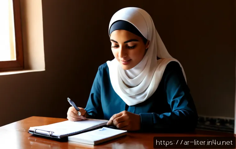 Home 17 문해교육사와 자격 취득 준비 비용 - Photorealistic Arabic literacy educator preparing for professional certification, modest woman in a ...